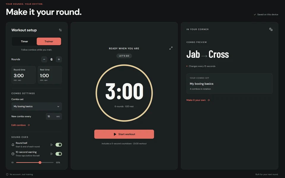 Boxr.fit workout setup with round and rest timers, boxing combinations, and optional sound cues