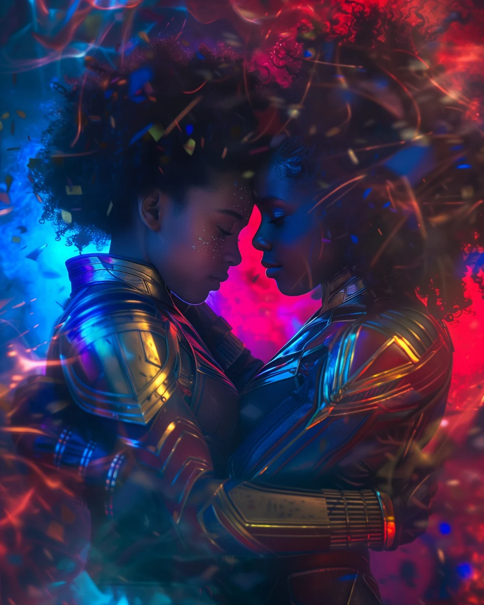 Two figures embracing amid electric blue and magenta light