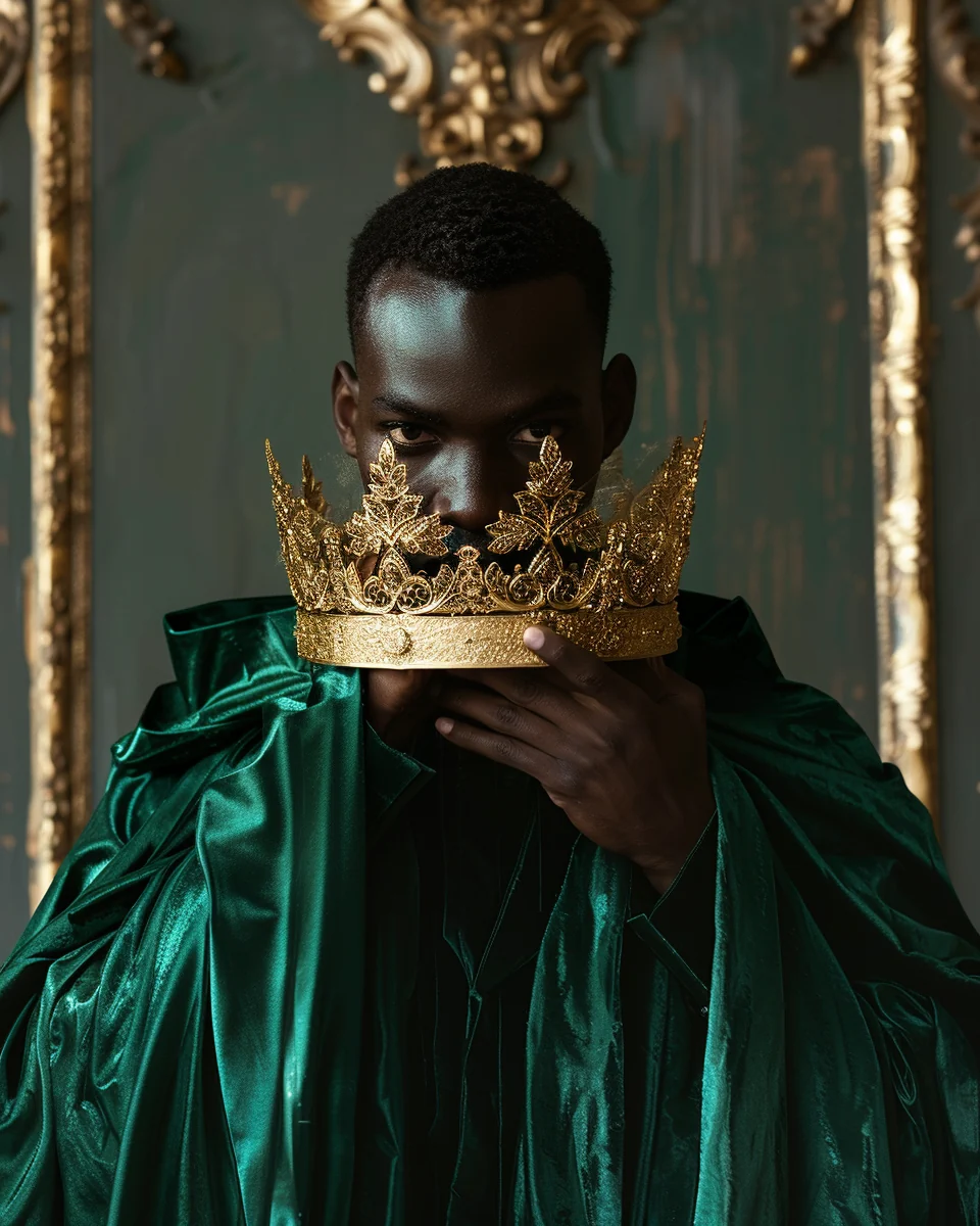 A man in emerald robes holding an ornate gold crown