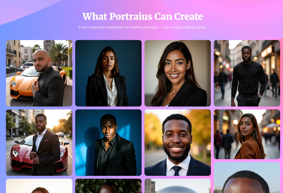 Screenshot of the Portraius examples gallery showing headshots and creative portraits