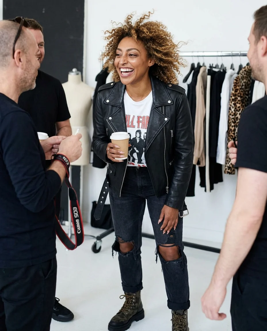 Portraius-generated portrait of a smiling woman holding coffee in a fashion studio