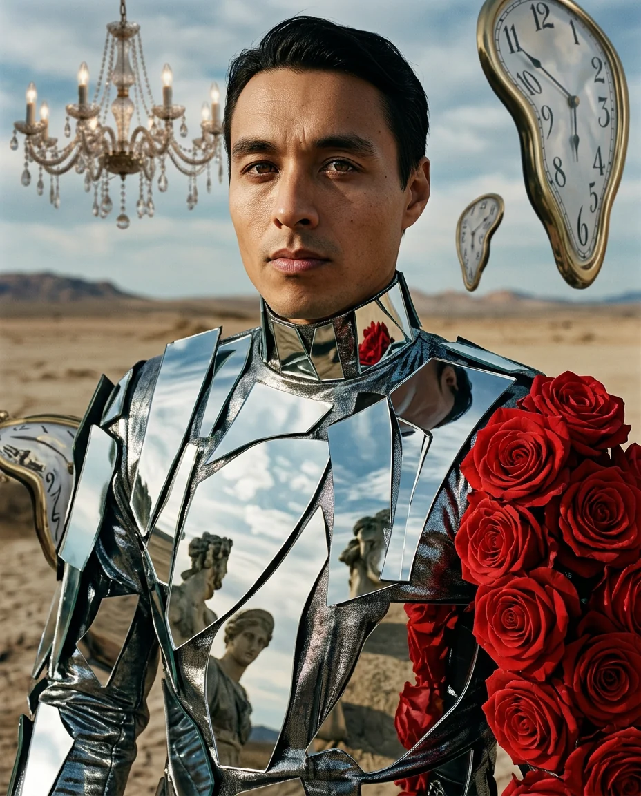 Portraius-generated portrait with mirrored clothing, roses, and floating clocks