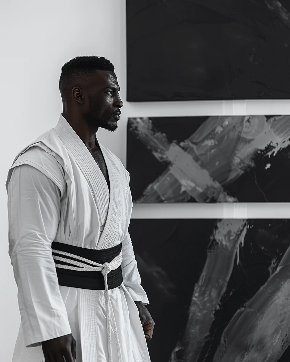 Monochrome portrait of a man in a white martial arts uniform beside abstract paintings